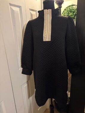 Mary Square Black Quilted Mini Dress with Gold-Trim Placket